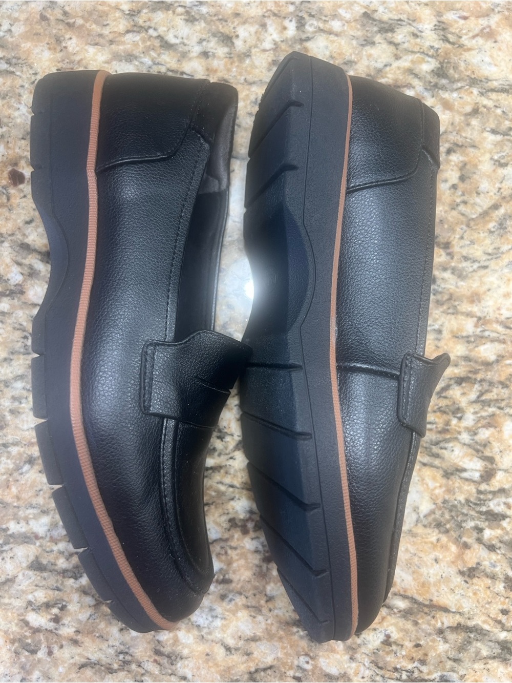 Dr. Scholl's Black Leather Penny Loafers with Tan Trim - Picture 10 of 13